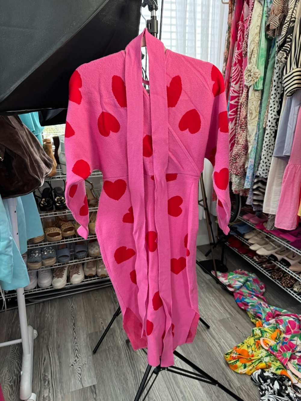 Amazon Pink Midi Dress with Red Heart Motif